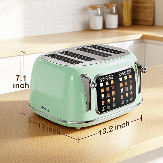 Mecity Toaster 4 Slice, Touch Screen Wide Slot Retro Toaster For Breads Bagel Muffin Waffle, House Warming Gift New Home, 120V 1650W, Light Green