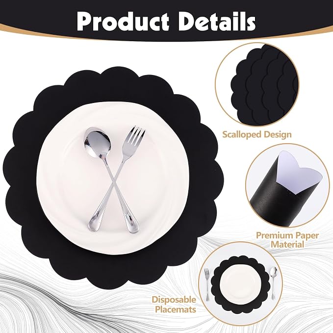 60 Pcs Black Paper Placemats, 13.5 Inch Disposable Scalloped Placemat | Round Table Place Mats Decorative Paper for Birthday Party Graduation Celebration Wedding Banquet Bridal Shower Party