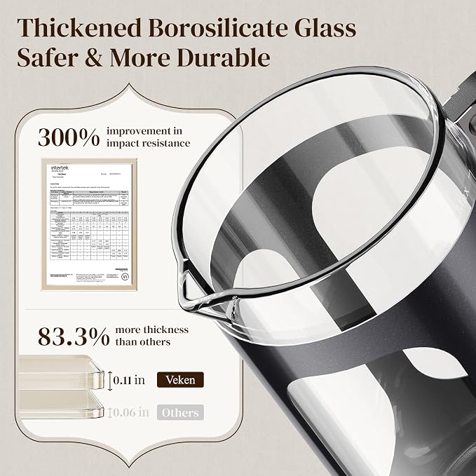 Veken French Press Coffee Maker, No Plastic Touching Cafe,34oz 1 L Cafetera | Thickened Glass Stainless Steel Cold Brew Pot for Kitchen,Travel,Camping,Tea, Gifts, Bar Accessories,Dark Pewter