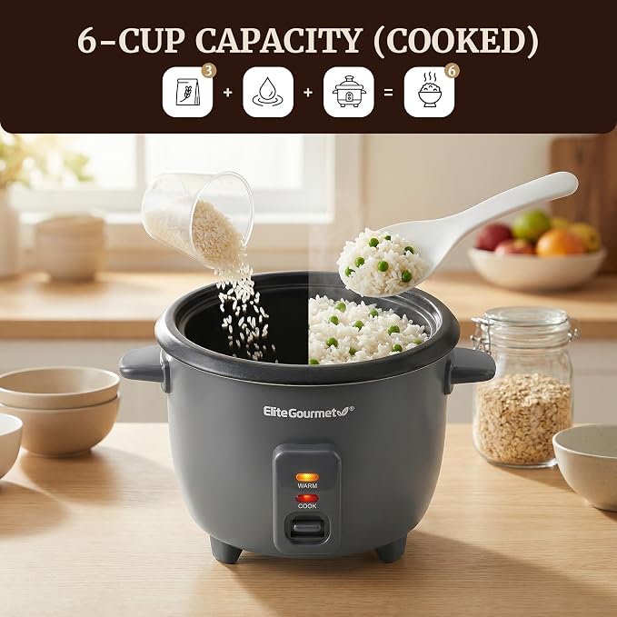 Elite Gourmet ERC6GC Ceramic Rice Cooker, PFAS-Free Non-Stick, Gray | 6-Cup Capacity - Ceralast Coating - Tempered Glass Lid - One-Touch Cooking - Includes BPA-Free Measuring Cup and Spatula