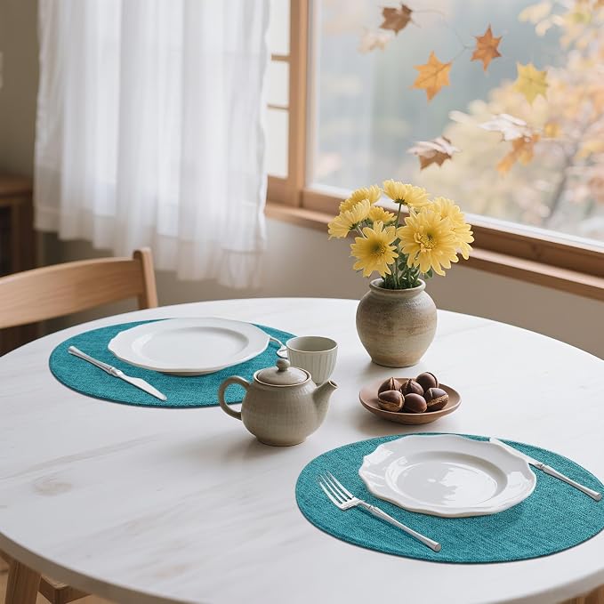 Cotton Linen 15 Inch Round Cloth Place mats, Set of 6, Teal | Washable Table Mats, Heat Resistant, Reversible, Wipeable Place Mats for Indoor Outdoor
