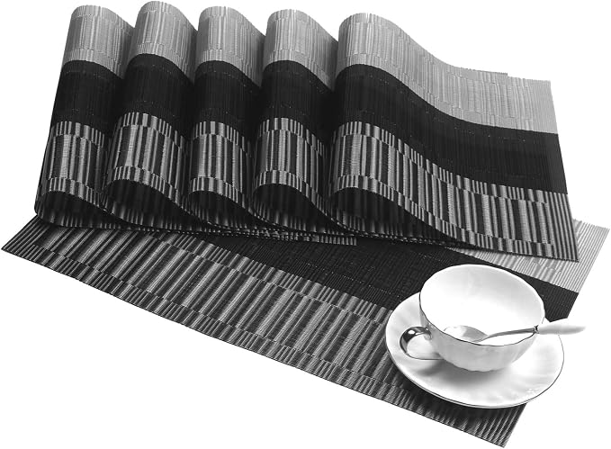 SHACOS Woven Vinyl Placemats for Dining Table Set of 6 Non Slip PVC Bamboo Basket Weave Table Place Mats (6, Ombre Black Gray)