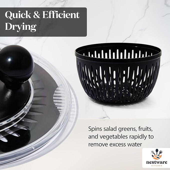 Stainless Steel Salad Spinner Large, 5.3 Qt - Lettuce, Vegetable & Fruit Washer & Dryer with Quick-Stop Brake Button, Colander Basket & Non-Slip Base (304 Stainless Steel - Black)