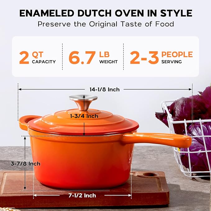 Onader 2 Quart Saucepan with Lid, Enameled Cast Iron Sauce Pan, Small Cooking Sauce Pot, Enamel Dutch Oven Pot Nonstick – Sunset Orange