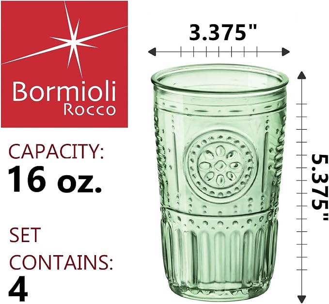 Bormioli Rocco Romantic Set Of 4 Cooler Glasses, 16 Oz. Colored Crystal Glass, Pastel Green, Made In Italy.