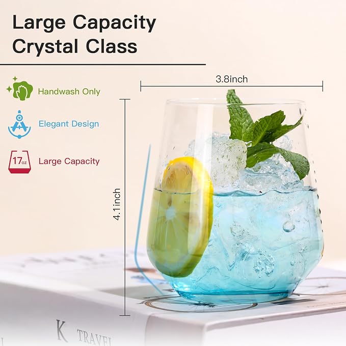 JOVGANK Colored Stemless Wine Glasses Set of 6 - Hand Blown White Red Stemless Wine Glass - 17 oz, [Lead-Free Crystal Glass] Large Short Glass Tumblers, Gift for Housewarming and Mother's Day