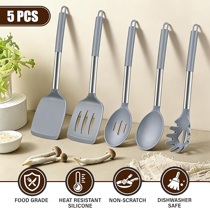 5Pcs Silicone Cooking Utensils Set, Heat Resistant Kitchen Tools Include Solid&Slotted Spatula, Cooking Spoon and Pasta Server, Silicone Kitchen Utensils set for Nonstick Cookware Flipping, Gray