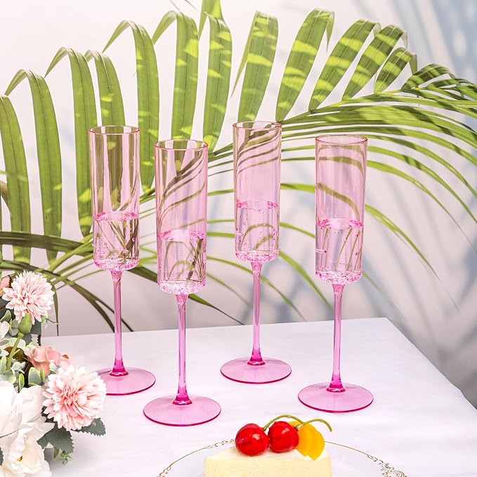YOUBET 24Pack Pink Plastic Champagne Flutes 6 oz | Clear Pink Champagne Disposable Glasses - Square Plastic Toasting Glasses for Anniversary Party Birthday Wedding