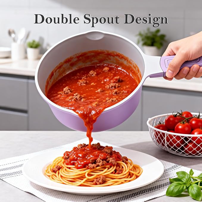 AIKENBBKK 1.5 Quarts Ceramic Nonstick Saucepan with Lid, Small Sauce Pot with Pour Spouts for Multipurpose Use, Milk Pan with Detachable Handle, Oven Safe, Purple