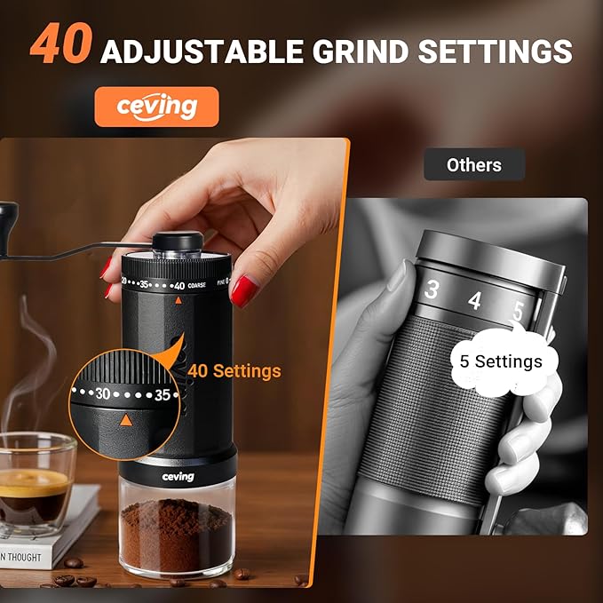 CEVING World's First 60g Large Capacity Manual Coffee Grinder, Black | 40 External Settings, Portable Hand Coffee Bean Mill with Stainless Steel Conical Burr for Travel, Camping, Pour Over & Gift