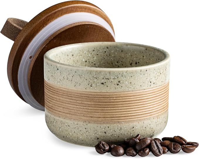 Miamolo Ceramic Jar with Lid, Small Coffee Canister for Ground Coffee | Beige & 5 fl.oz | Coffee Container for Spice Sugar Tea| Kitchen Food Storage for Countertop, Decorative Jar Housewarming Gift