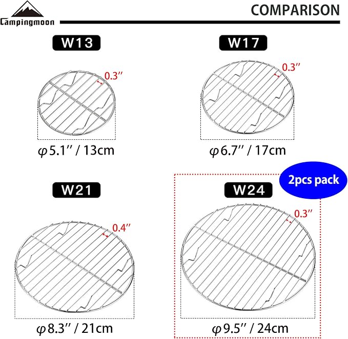 CAMPINGMOON 2pcs Round round cooling rack 304 Stainless Steel Cooking Grid Grill (φ9.5 inches, W24-2P)