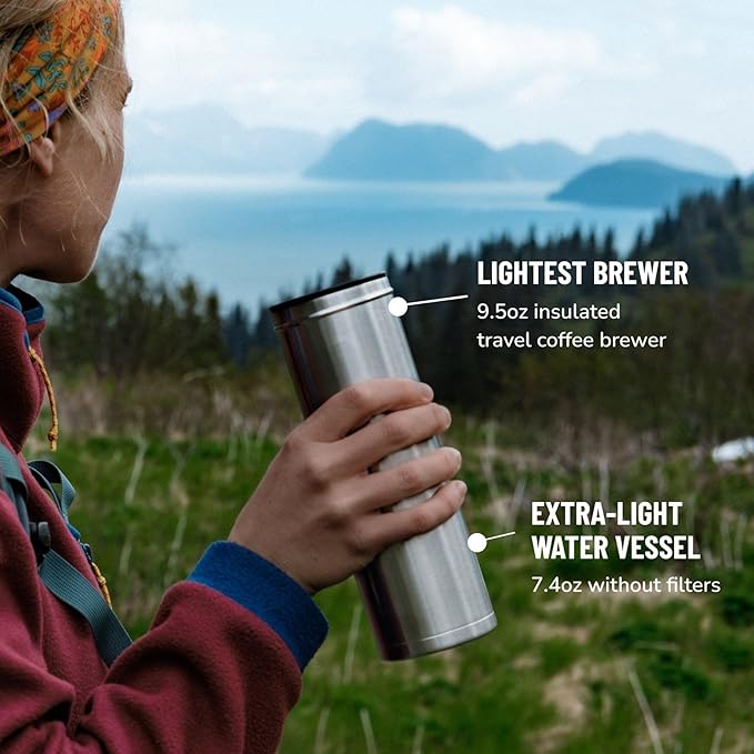 ESPRO Go P0 Ultralight French Press Coffee Maker for Travel, Vacuum Insulated Stainless Steel, 16 Ounces, Brushed Stainless Steel