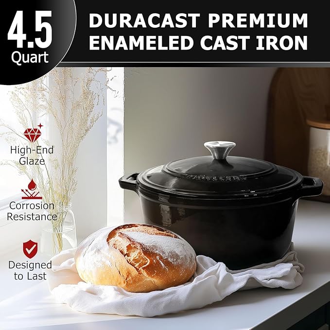 MUELLER HOME 4.5 QT Enameled Cast Iron Dutch Oven, Heavy-Duty Casserole Dish and Braiser Pan with Lid and Stainless Knob, Oven-Safe up to 500° F & Across All Cooktops, Black | Heavy-Duty Casserole Dish and Braiser Pan, Lid with Stainless Knob, Oven-Saf...