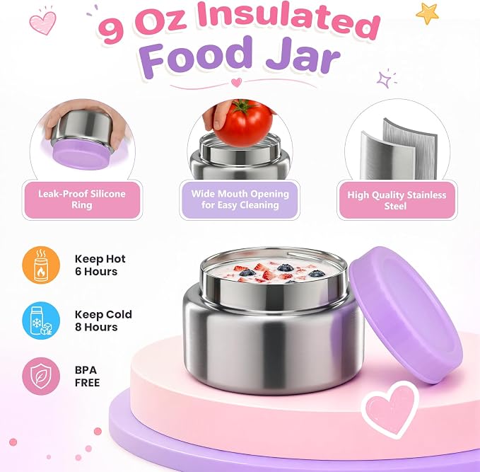 Bento Box for Kids, Lunch Box with Thermo(9oz Food Jar), Silicone Sauce Cup, Stainless Steel Spoon & Removable Divider, Kids Lunch Box Set for Girls Boys Back to School, Pink/Purple