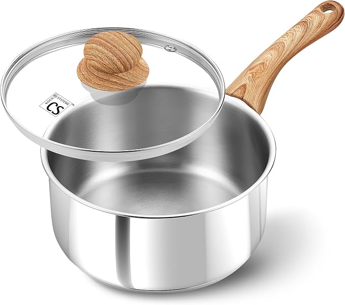KOCH SYSTEME CS Stainless Steel Saucepan, 1 Quart Stainless Steel Pot with 5-Layer Stainless Base, Sauce Pan with Lid & Stay-Cool Handle, Small Pot 1 Quart, Induction Compatible