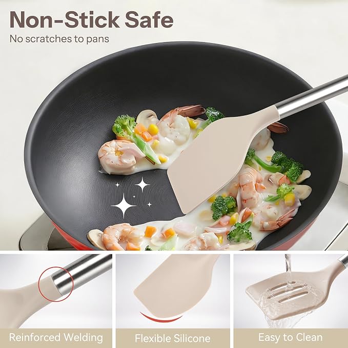 NCUE 28-Piece Silicone Kitchen Utensils Set with Stainless Steel Handles | 446°F Heat Resistant Cooking Utensils Set with Holder, BPA-free Food Grade, Nonstick Cookware Safe, Great for New Home Baking