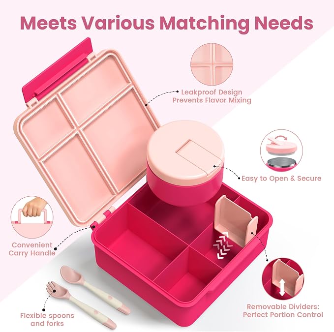 LOHASOK Bento Lunch Box for Kids with 8oz Soup Thermo, Pink | 4-Compartment, Leak-Proof Lunch Containers with Insulated Food Jar and Silicone Foldable Spoon Fork