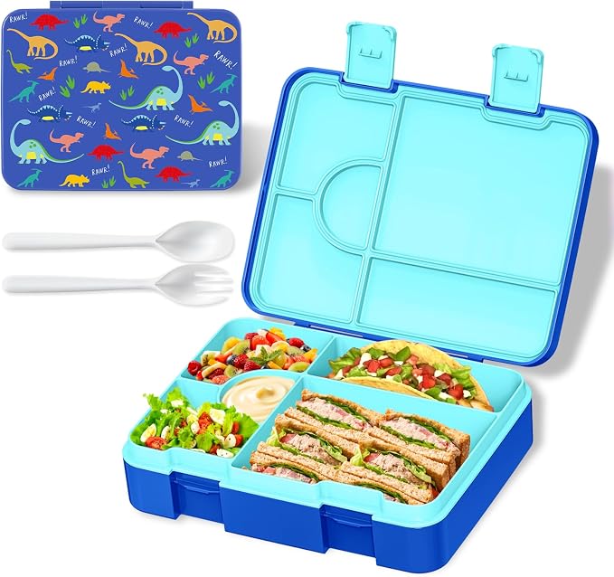 Bento Lunch Box for Kids, Leak-Proof 5-Compartment Cute Lunchbox for Boys Girls, Drop-Proof, Food Container Microwave & Dishwasher Safe, Back to School Supplies for Ages 3 to 7, Blue/Dinosaur
