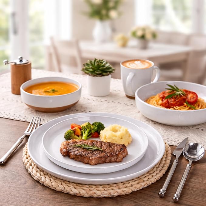 AmorArc Dinnerware Sets for 8, 32 Pieces Ceramic Plates and Bowls Set | Scratch Resistant Stoneware Dishes Set, Dishwasher & Microwave Safe,White