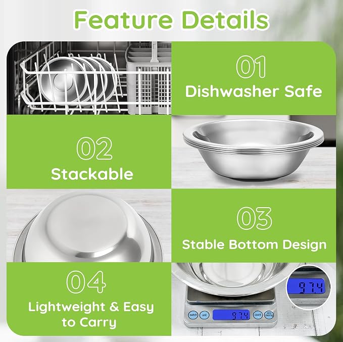304(18/8) Stainless Steel Mixing Bowls for Kitchen, 2 Pack 7" 21.22 fl.oz Metal Mixing Bowls Set Stackable for Baking Serving Cooking Food Prep Storage Dishwasher Safe Lightweight