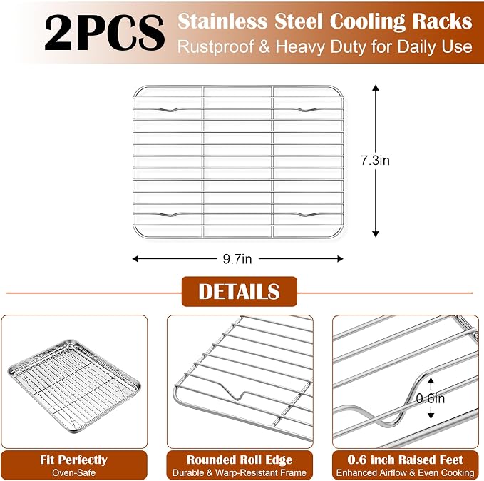 E-far Baking Sheet with Wire Rack, Cookie Sheets Trays for Toaster Oven | 10.5 x 8.3 Inch Stainless Steel Cooling Rack with Non Toxic & Warp Resistant Design, Oven & Dishwasher Safe, 2 Pans + 2 Racks