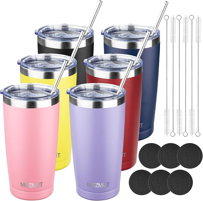 MEZMUT 20oz Insulated Tumbler Cup Travel Coffee Mug with Lid(Mixed1,6 Pack) | 18/8 Stainless Steel Double Wall Vacuum Spill Proof Metal Tumbler Bulk with Lid and Straw, Hot or Iced Coffee Cup