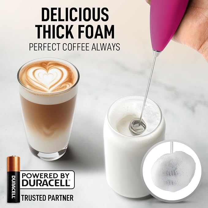 Zulay Kitchen Powerful Milk Frother Wand With Duracell Batteries - Ultra Fast Handheld Drink Mixer - Electric Whisk Foam Maker for Coffee, Lattes, Cappuccino & Matcha - Double Whisk - Dragonfruit