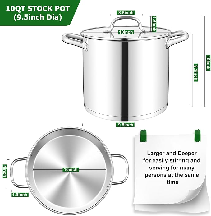 TeamFar 10QT Stock Pot, Stainless Steel Large Soup Cooking Pot & Lid | Tri-ply Bottom for Cooking/Boiling/Stewing, Induction/Gas/Ceramic, Healthy & Heavy-Duty, Riveted Handles & Dishwasher Safe