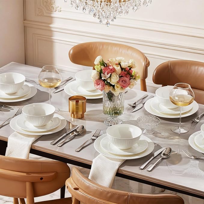 24Pc Textured White Bone China Set Service for 8 | Lightweight porcelain plate & bowl set. Microwave & dishwasher safe for daily family meals, restaurants, or gifting.