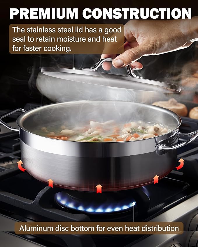 Cooks Standard Professional 4 Quart Stainless Steel Sauté Pan with Lid, Deep Frying Pan Chef’s All Purpose Skillet with Cover, Dishwasher & Oven Safe, Compatible with All Stovetops