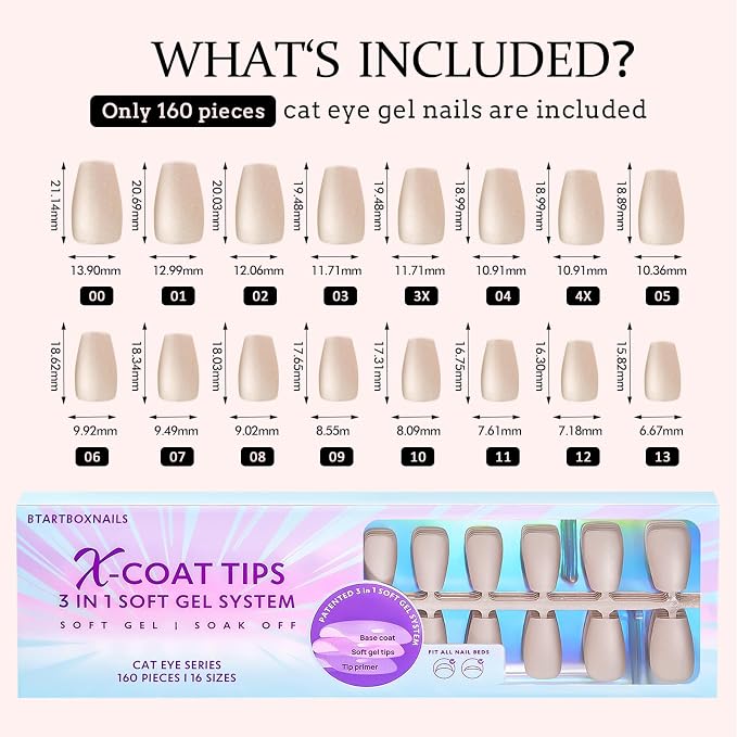 BTArtboxnails XCOATTIPS Cat Eye Press On Nails, Short Coffin, Aurora | Lamp-Curable 4-Week Wear, Salon Quality Value at Home, Natural Nail Look, Easy-to-Apply for Beginners, 1606ct Nail Tips Only