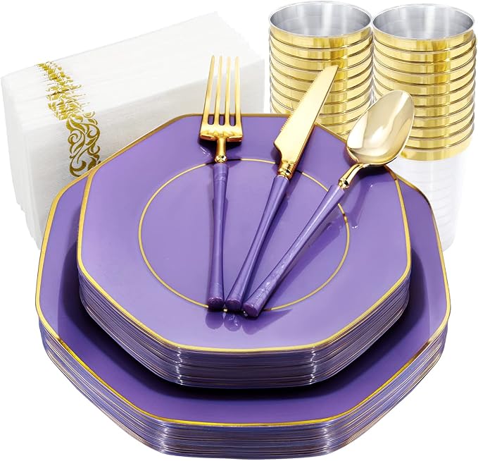 KIRE 140Pcs Purple Plates with Gold Rim - Plastic Plates for Party | Include 40pcs Purple and Gold Plates, Gold Plastic Silverware with Purple Handle&Clear Cups&Hand Napkin for Wedding
