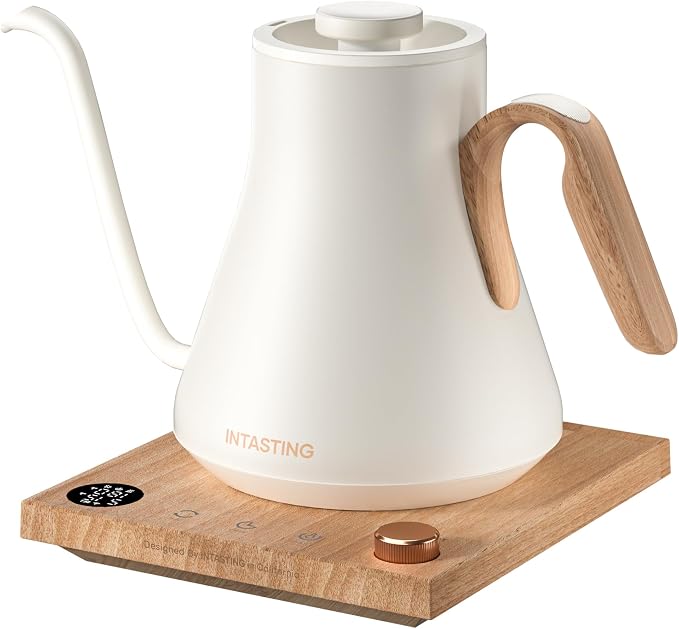 INTASTING Gooseneck Electric Kettle with 1℉ Temperature Control, 0.9 Liter | Fast Heating, Stainless Steel Interior, for Pour Over Coffee, Tea & Boiling Water, Keep Warm, Auto Shut-Off, Cream White