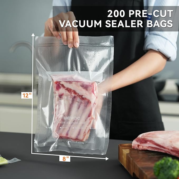 Wevac Vacuum Sealer Bags 8x12" 200 Quart for Food Saver, Suction Channel