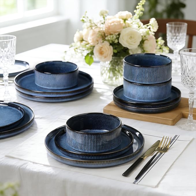 Stoneware Dinnerware Sets for 4, 12Pcs Plates and Bowls Set, Midnight Blue | Handmade Reactive Glaze Ceramic Dishes, Microwave and Dishwasher Safe, Modern Minimalist Ribbed Tableware for Everyday Use
