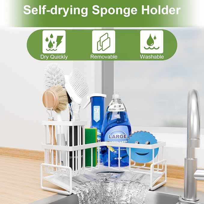 Fikoksol Large Sponge Holder for Kitchen Sink, 90-Degree Sink Caddy Storage | Self Draining Sponge Rack for Countertop, Metal L-Shaped Dish Soap Organizer with Brush Holder, Corner Sink Storage Ideas