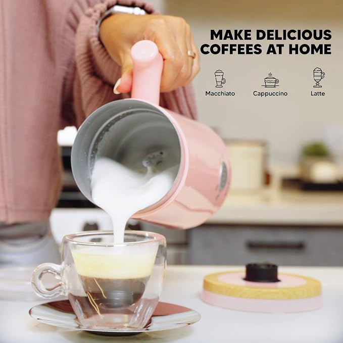 Electric Milk Frother - Automatic Foamer & Heater for Coffee, Latte, Cappuccino, Other Creamy Drinks 4 Settings Cold Foam, Airy Dense Foam Warm Easy to Use, Pink, 8x4x5 inches (MS-MF)