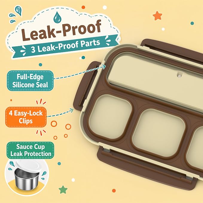 Stainless Steel Bento Lunch Box for Kids Adult, Metal Lunch Box Containers for Boys Girls School, 4 Compartment Leak Proof Lunch Containers with Sauce Cup, Fork and Spoon & Fruit Picks, Brown