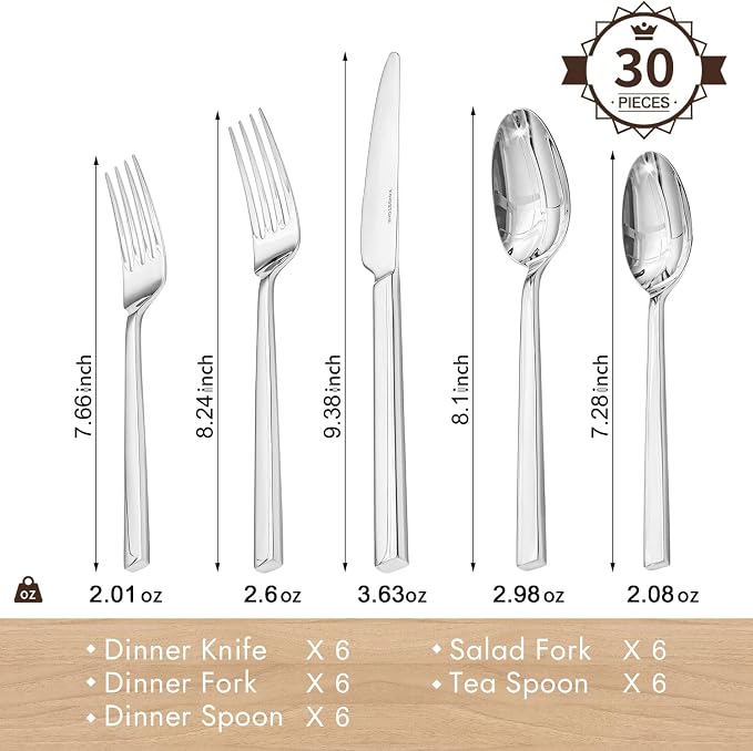 Silverware Set for 6, 30 Piece Flatware Set, Stainless Steel | Square Handles, Mirror Polished, Dishwasher Safe, Sturdy, for Home Kitchen, Weddings, Parties & Housewarming