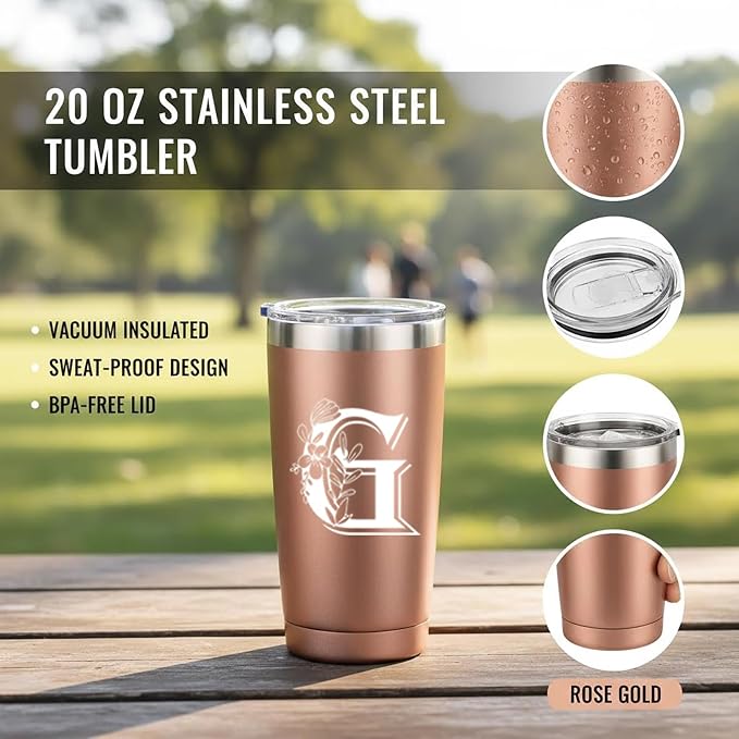 Letter G Insulated Travel Cup with Lid, Personalized Initial Mugs for Women, Letter G Gift Coffee Mugs for Women, Wife, Mom, Grandma, Bridal Shower Gifts, 20 OZ Rose Gold Two Lids