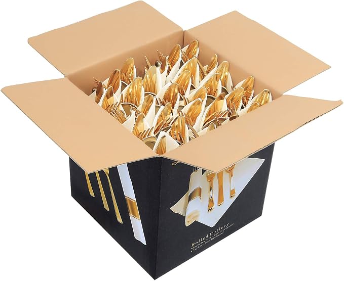 30 Pack Pre Rolled Gold Plastic Silverware, Linen Feel Napkins | Heavy Duty Disposable Wrapped Flatware Cutlery Set for Weddings, Graduation Parties, Upscale Catering & Events