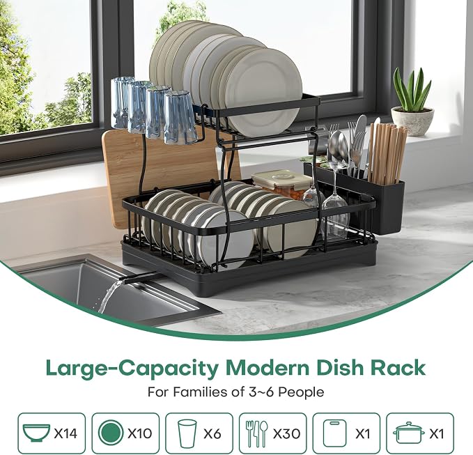 2 Tier Dish Rack, Carbon Steel Dish Drying Rack for Kitchen Organization & Storage, Countertop / Sink Dish Rack with Automatic Drain Tray, Large Capacity Black Dish Rack - Essential Home Kitchen Item