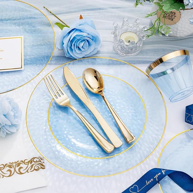 DaYammi 175PCS Clear Blue Gold Plastic Dinnerware Set for 25 Guests, Hammered Disposable Plates for Party, Include: 25 Dinner Plates, 25 Dessert Plates, 75 Gold Silverware, 25 Napkins, 25 Cups
