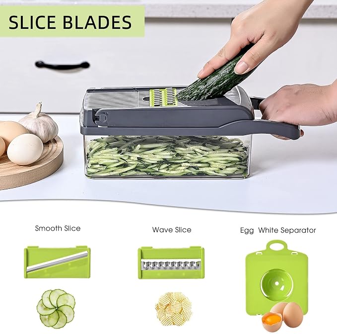 Vegetable Chopper with Container 13-in-1, 7 Blades Food Dicer Veggie Slicer | Onion, Tomato, Salad, Slap, Fruit Cutter with Sharp Stainless Steel Blades, All-in-One Kitchen Prep Tool