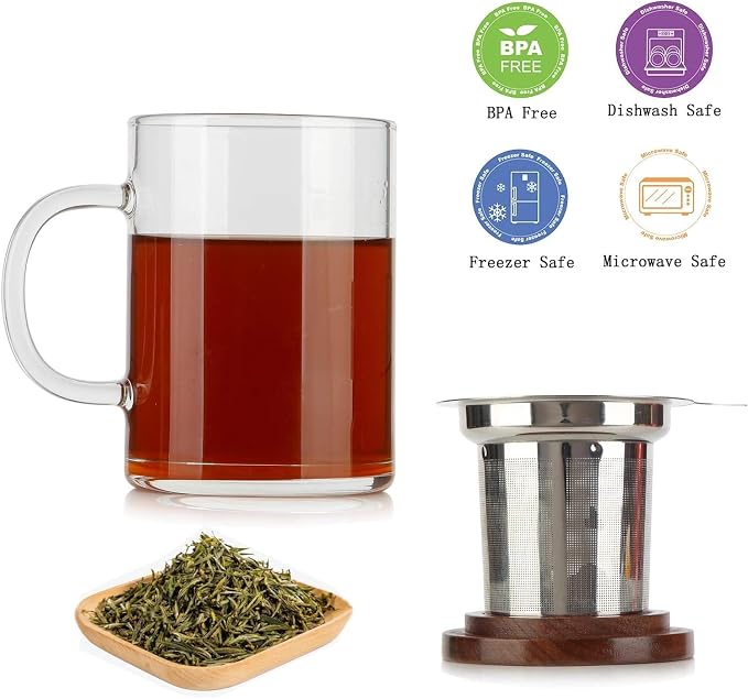 Tea Cup with Infuser Walnut Lid&Handle, Glass Tea Cups with Wide Mouth Extra Large Capacity, Stainless Steel Tea Infuser Mug for Loose Leaf Tea Steeping(2PCS,14oz/400ml)