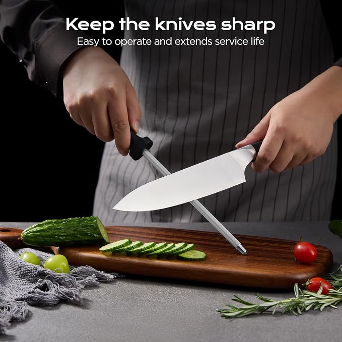 14 PCS Knife Set with Oak Wood Block,High Carbon Stainless Steel Kitchen Knife Set with Chef Knife, Santoku, Bread, Paring,Steak Knives, Kitchen Shears Sharp Knife Block Set with Sharpener