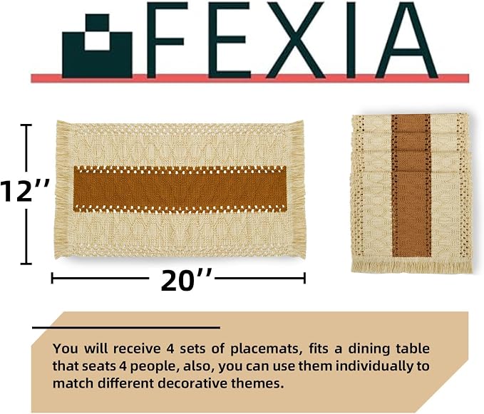 Boho Placemats Set of 4 Table Mats Farmhouse Dining Decor Caramel | 12x20" Place Mat Set of 4 Macrame Table Decor Farmhouse Burlap Placemats for Home Dining Table Centerpiece Home Decorations