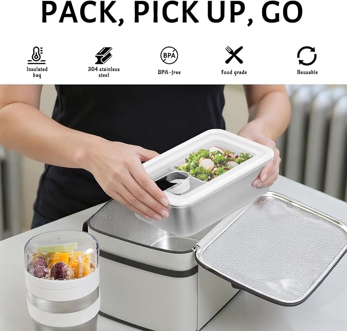 Bakpoco Stainless Steel Bento Lunch Box Set for Adult - 42oz Leak-Proof Bento Lunch Box Container with Thermo, Insulated Bag for Work Travel Dining Out