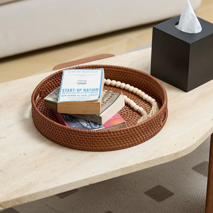 13.8 inch Round Rattan Tray, Decorative Coffee Table Tray, Ottoman Trays, Woven Serving Trays with Handles Wicker Serving Basket, Reddish-Brown